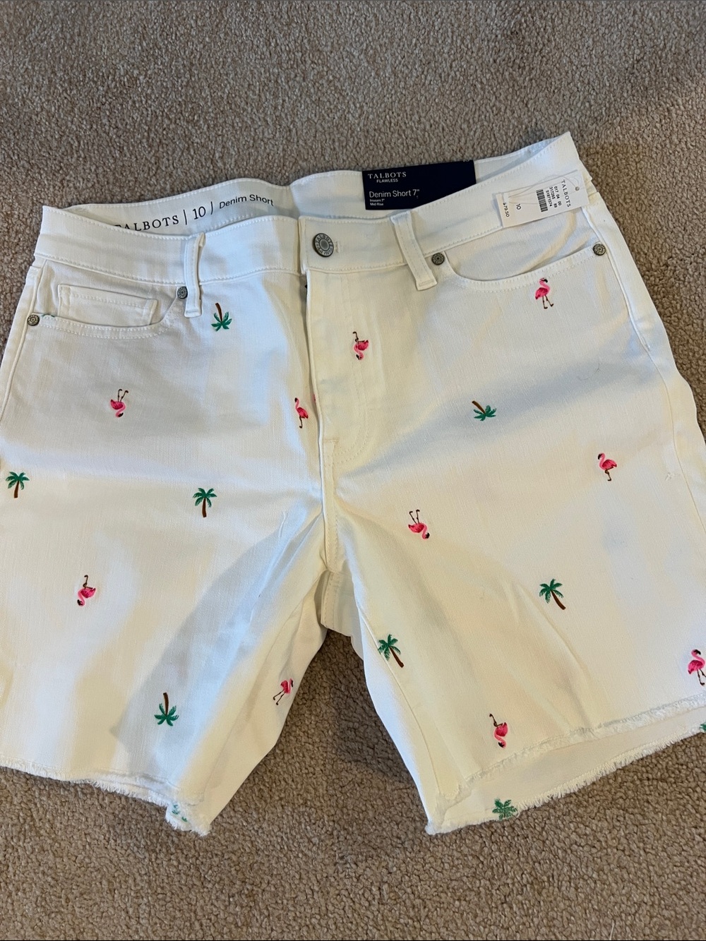 Talbots White Denim Shorts with Pink Flamingo & Green Palm Embroidery